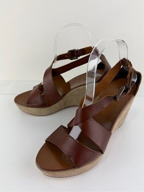 J. Crew Brown Leather Crisscross Wedge Sandals